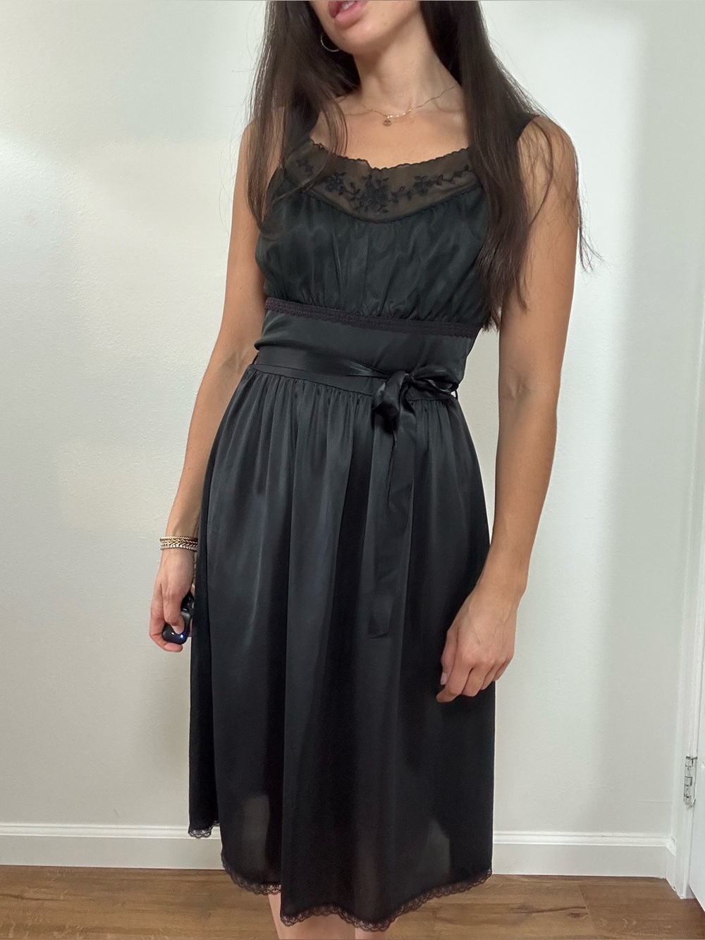 Vintage Black Classic Satin Lace Trim Midi Slip Dress Night Dress Belted Size S